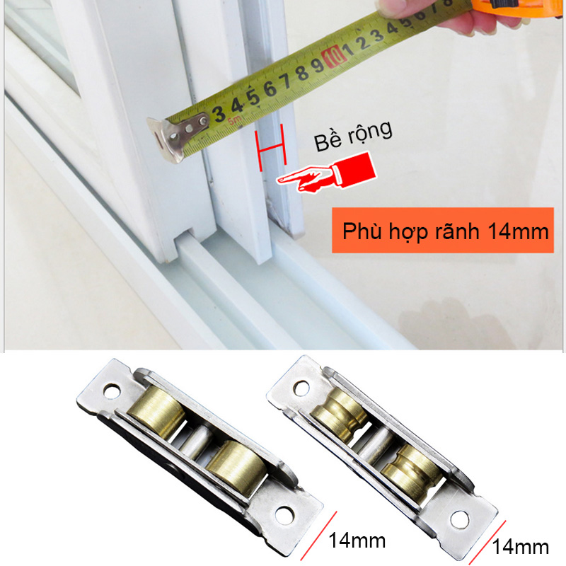 Bộ 2 bánh xe đôi cho cửa trượt-cửa lùa bằng inox không gỉ, rộng 14mm dùng cho cửa nhựa, nhôm, thép