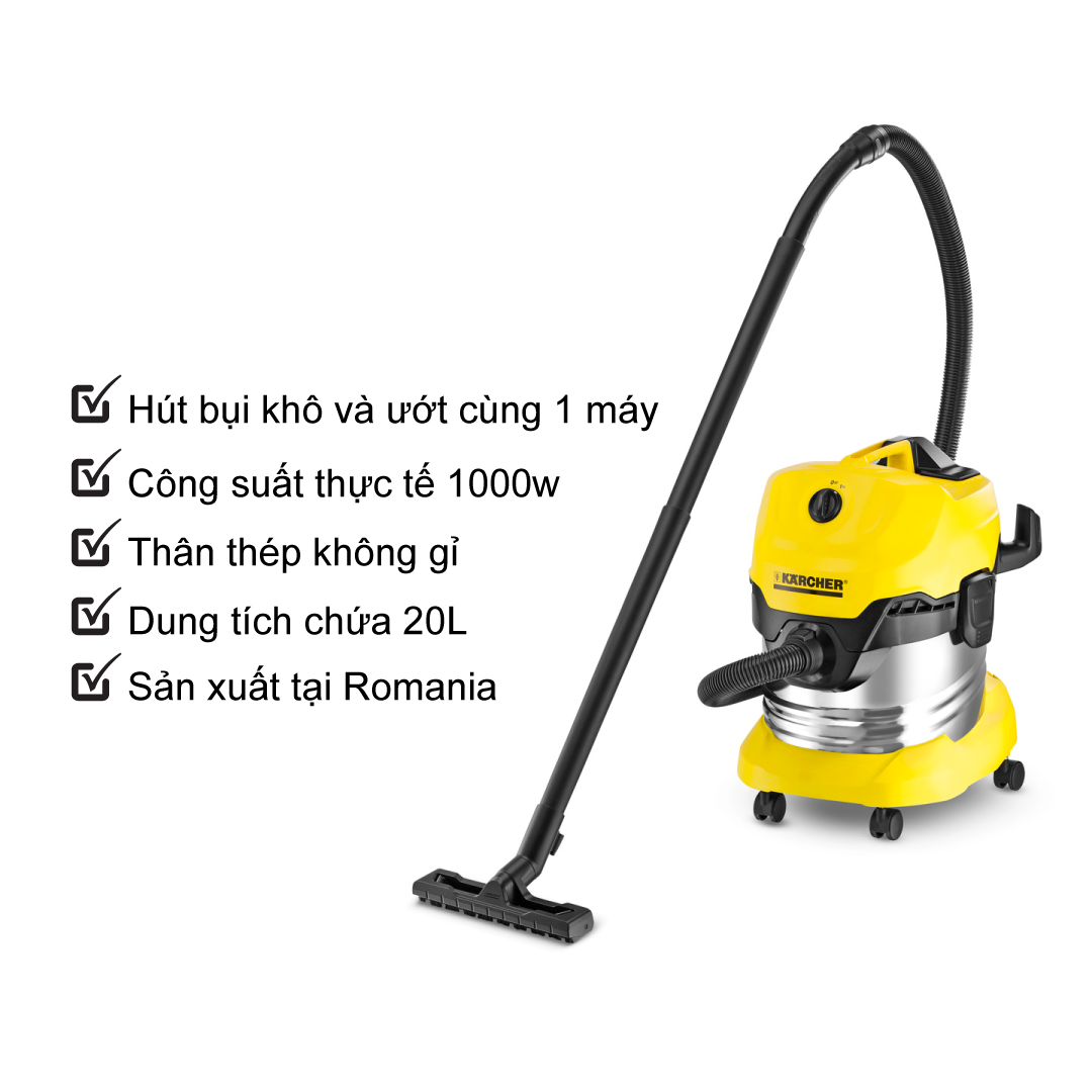 Máy hút bụi khô &amp; ướt cao cấp Karcher WD 4 Premium và túi lọc bụi - Hàng Chính Hãng