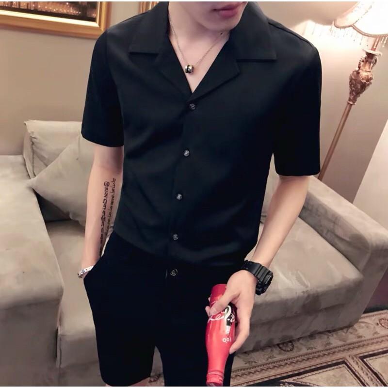 Áo Sơ Mi Ngắn Tay Cổ Vest Trơn Vải Lụa Nam Nữ Unisex