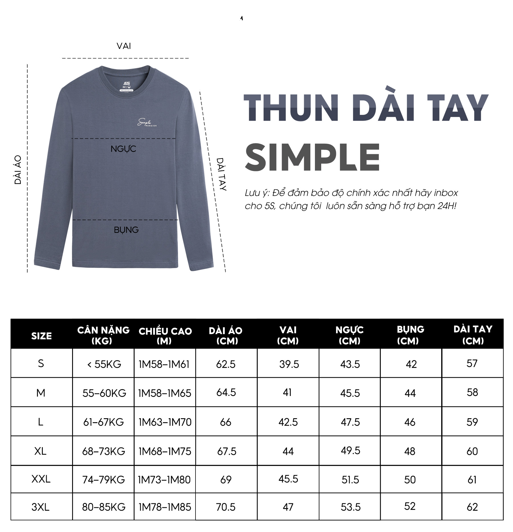 Áo Thun Nam Dài Tay 5S SIMPLE, Chất Liệu 100% Cotton USA, Mềm Mịn, Thiết Kế Đơn Giản, Màu Sắc Đa Dạng