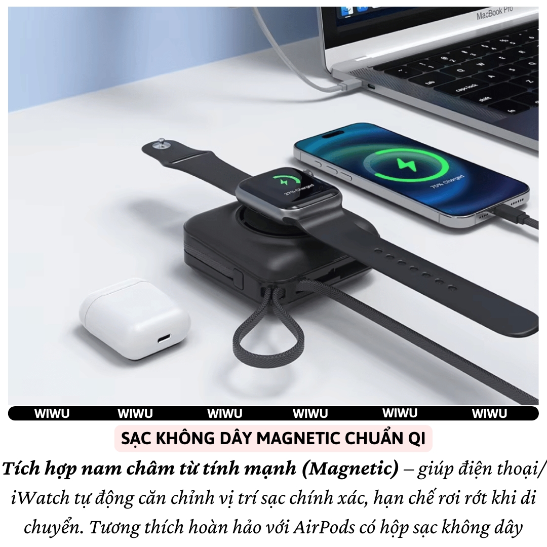 Pin sạc dự phòng kiêm củ sạc nhanh 45W kèm dây sạc Type-C / L (iP/iPad) và Sạc Không Dây từ tính Magnetic, Pin 15000mAh, Jack cắm EU/UK hiệu WIWU 6 in 1 All-Round - Hỗ trợ sạc cho iPhone / iPad / Macbook / Laptop, đạt chuẩn hàng không - hàng nhập khẩu