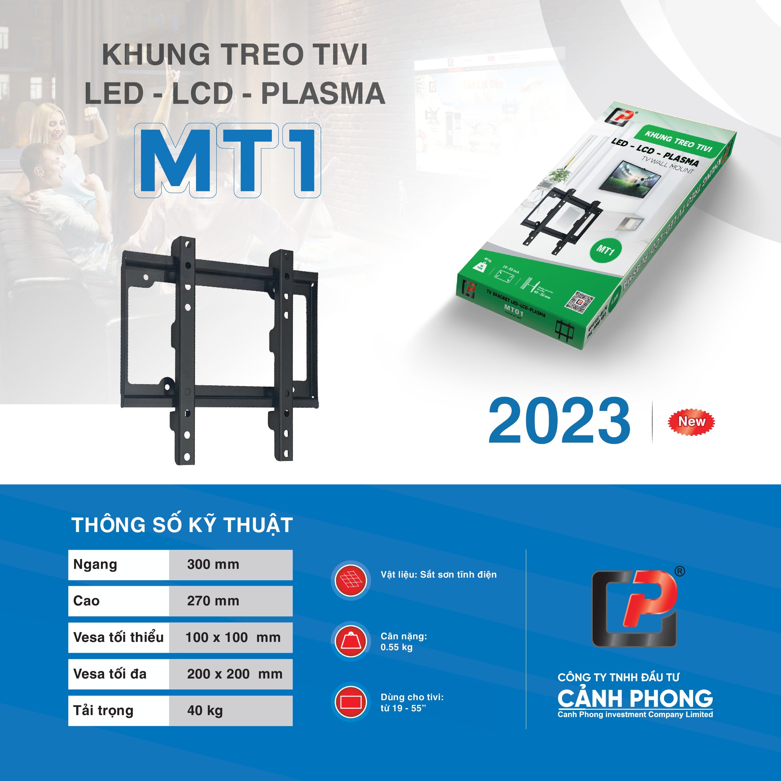 Khung treo tivi CP kích thước điều chỉnh từ 19-55 inch kèm ốc vít - MT1 - Hàng Chính Hãng