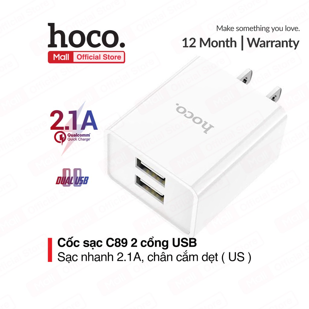 Củ Sạc Dành Cho Hoco C89 2 Cổng USB, Sạc Nhanh 2.1A Max, Chân Cắm Tiêu Chuẩn US, Nhựa ABS Và PC Chống Cháy Nổ - Hàng Chính Hãng