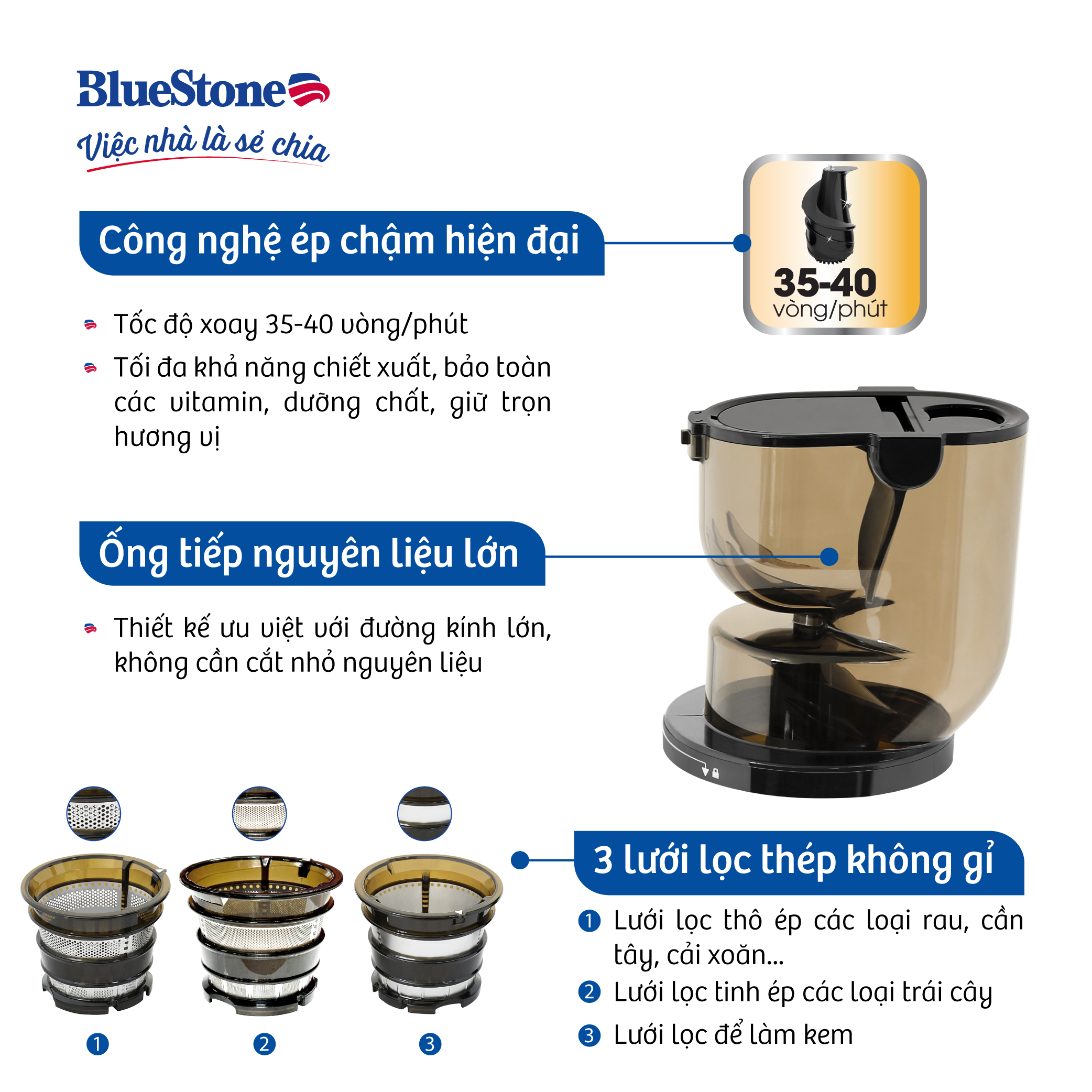 [Trả Góp 0%] Máy Ép Chậm BlueStone SJB-6578 - 250W - Tốc độ ép 45 - 55 vòng/phút - Bảo hành 2 năm - Hàng chính hãng