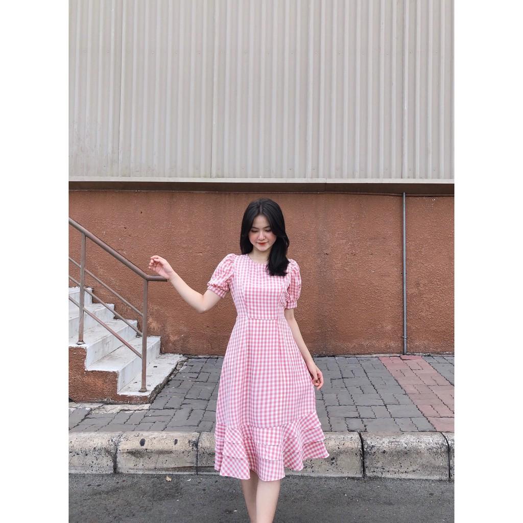 ĐẦM MAXI CARO CỔ TRÒN TAY PHỒNG NGẮN DÁNG XÒE PHỐI ĐUÔI CÁ-hình thật shop chụp