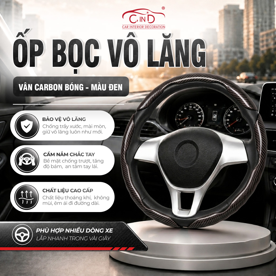 Ốp Bọc Vô Lăng CIND Carbon Bóng Thể Thao Mỏng Nhẹ Chống Trượt Phù Hợp Nhiều Dòng Xe