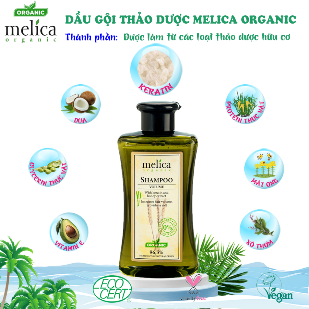 Dầu gội thảo dược hữu cơ ngừa rụng tóc, kích thích mọc móc Melica Organic 300ml Keratin và Protein thủy phân