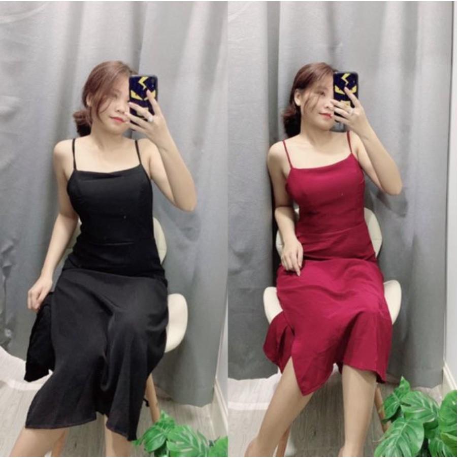 Đầm đen hai dây form dài hở lưng hot trend