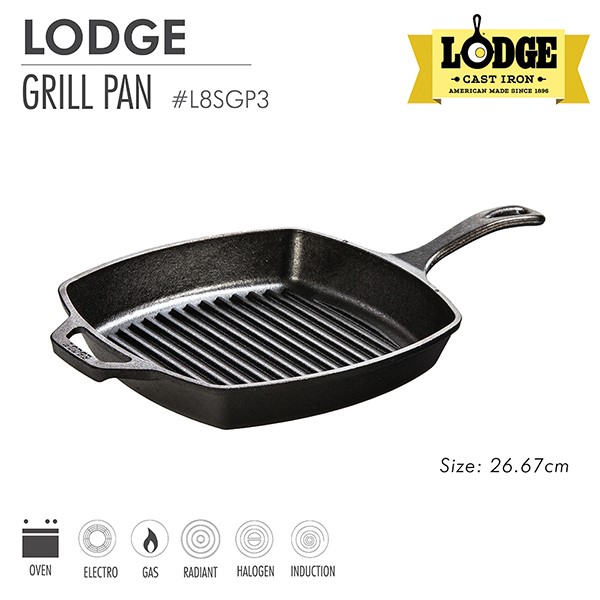 Chảo gang nướng Lodge tay cầm có rãnh, vuông 26.7cm, L8SGP3.Chảo dùng nướng, chiên, xào, áp chảo.
