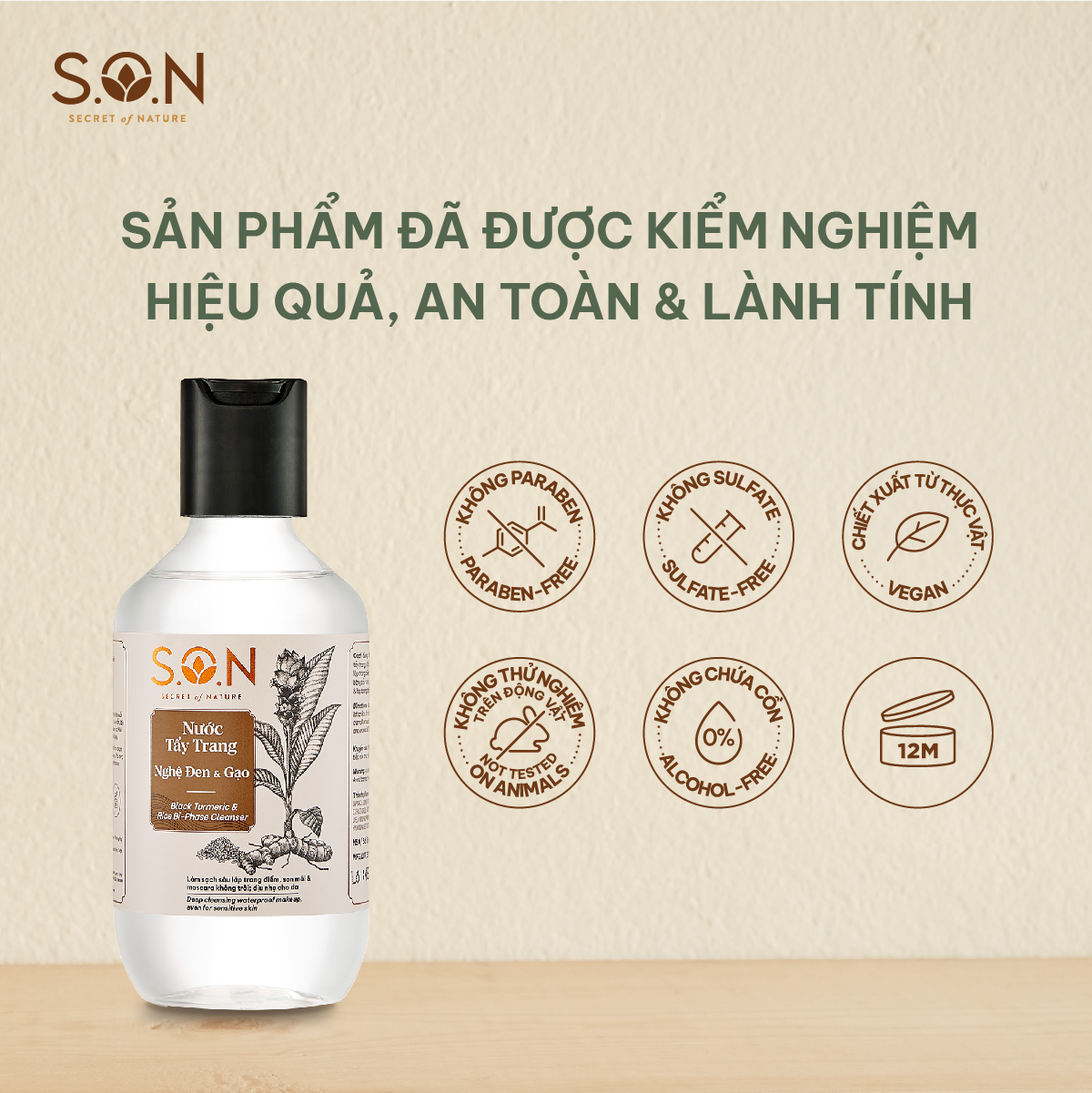 Nước tẩy trang nghệ đen &amp; gạo S.O.N sạch sâu lớp trang điểm, dịu nhẹ 100ml