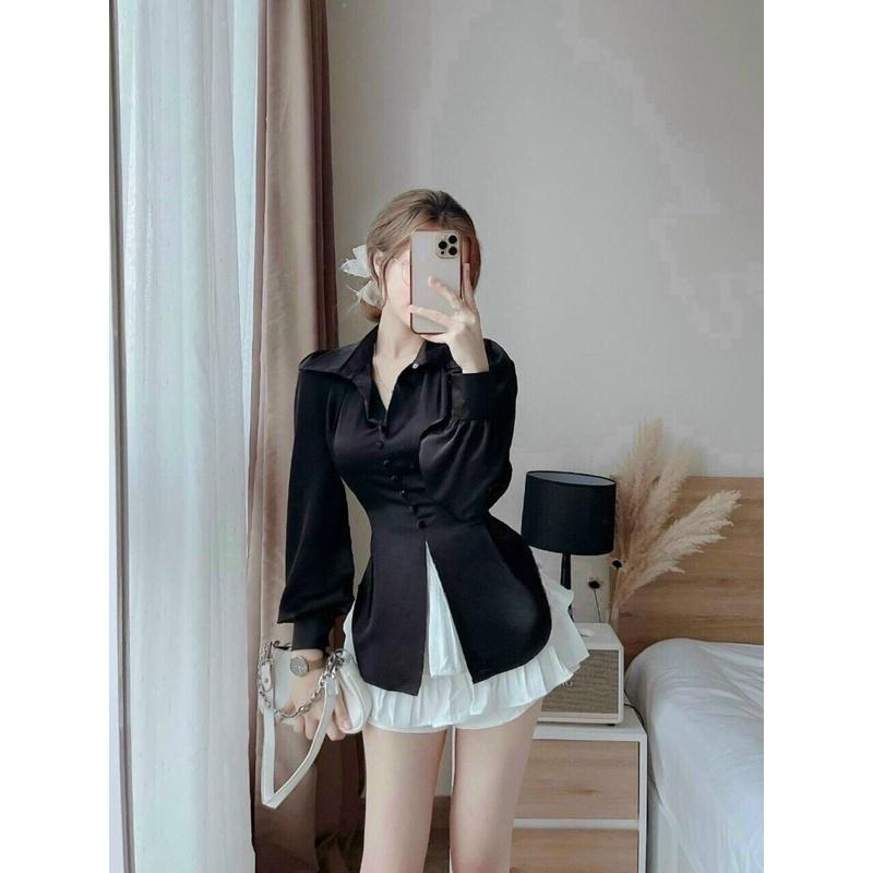 SÉT ÁO SƠ MI CÁCH ĐIỆU CỘT NƠ SAU LƯNG PHỐI CHÂN VÁY XÒE DẬP LY