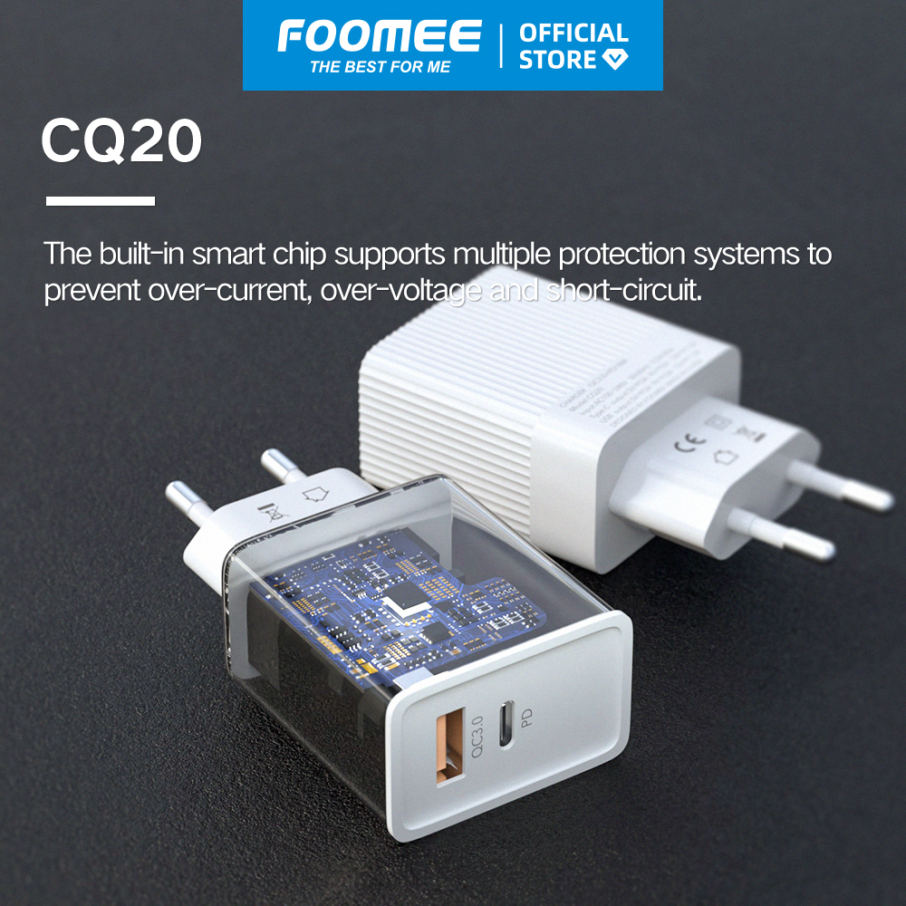 Củ sạc QC+PD18W FOOMEE CQ20 - Màu Trắng/Đen - Sạc Nhanh 3A 18W - Hàng chính hãng