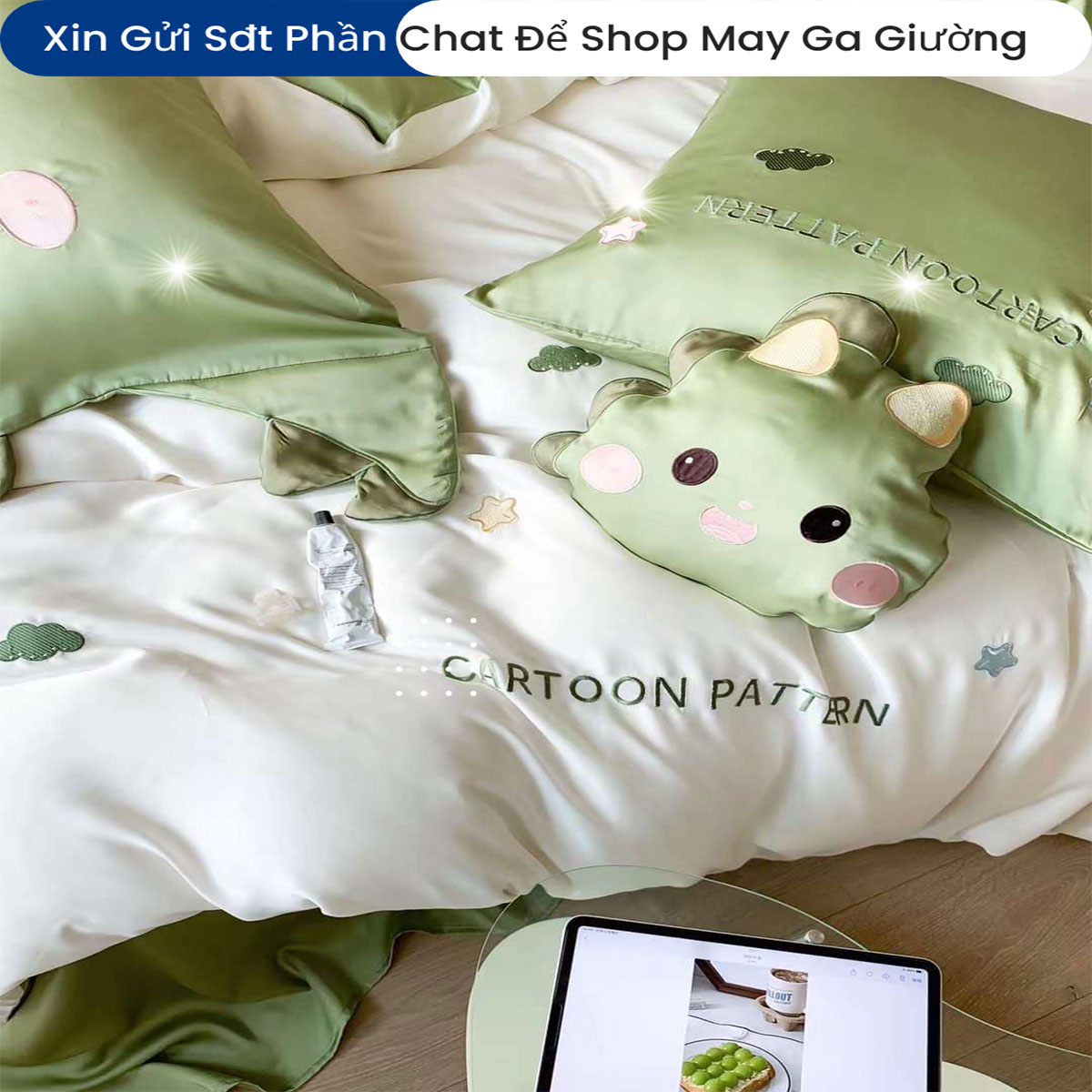 Bộ Chăn Ga Gối Đệm Linen 5 Món ANNA NGUYÊN Cao Cấp Chăn Chần Bông Lụa Mềm