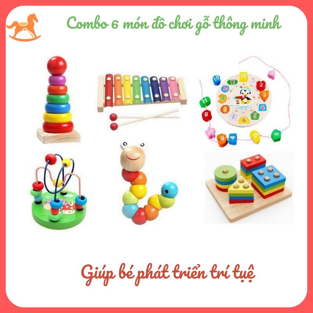 Combo 6 món đồ chơi giáo dục luồn hạt - sâu gỗ - đàn gỗ - cầu vồng - thả hình 4 trụ - đồng hồ xâu hạt