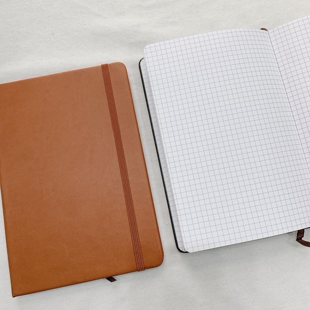 Sổ Journal bìa da PU Nâu / Đen giấy Grid ô vuông Dot Chấm Bi dày 100gsm - Sổ làm Bullet Journal size A5