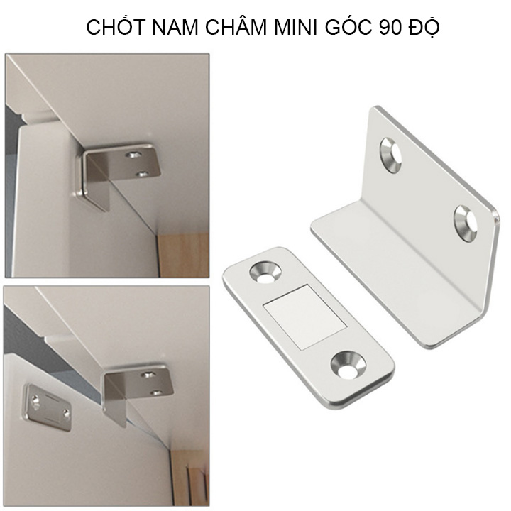 Chốt nam châm mini góc 90 độ cho cánh cửa tủ, ngăn kéo bàn, cửa trượt, có băng dính 2 mặt và vít kèm theo