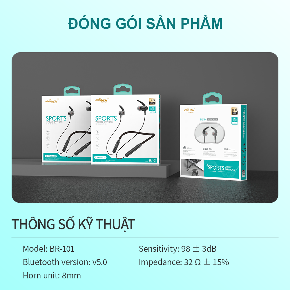 Tai nghe bluetooth JUYUPU BR101 đeo cổ thể thao popup V5.0 chống ồn tai nghe không dây dành cho iPhone Samsung OPPO VIVO HUAWEI XIAOMI - HÀNG CHÍNH HÃNG