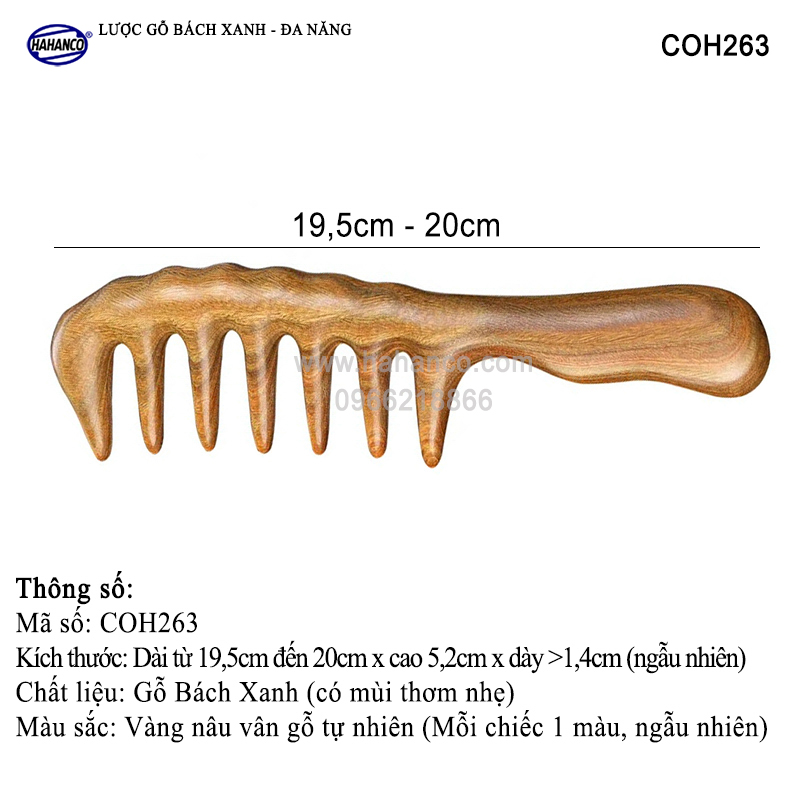 Lược gỗ thơm Bách Xanh răng thưa MÁT XA đa năng (COH263) Chải tóc xoăn, rối, xù -  Massage đầu giúp lưu thông máu đả thông kinh mạch, giảm nguy cơ đau đầu chóng mặt khi ngồi làm việc lâu - HAHANCO