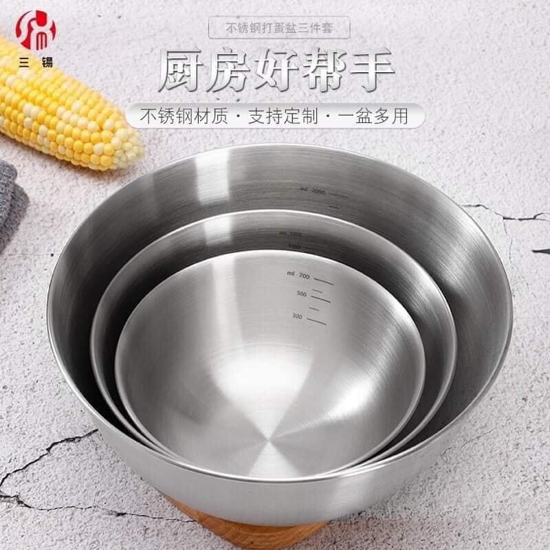 Combo 3 bát to bằng inox sâu lòng có chia vạch bên trong tiện ích chuyên dùng để trộn salad, đánh trứng trộn bột làm bánh, đựng cơm canh đa năng
