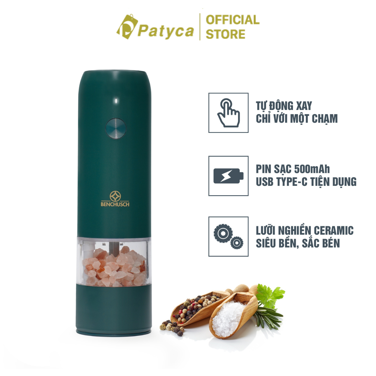 Máy Xay Tiêu Tự Động Bằng Điện Benchusch Màu Trắng Đen Xanh Đỏ - Màu Xanh