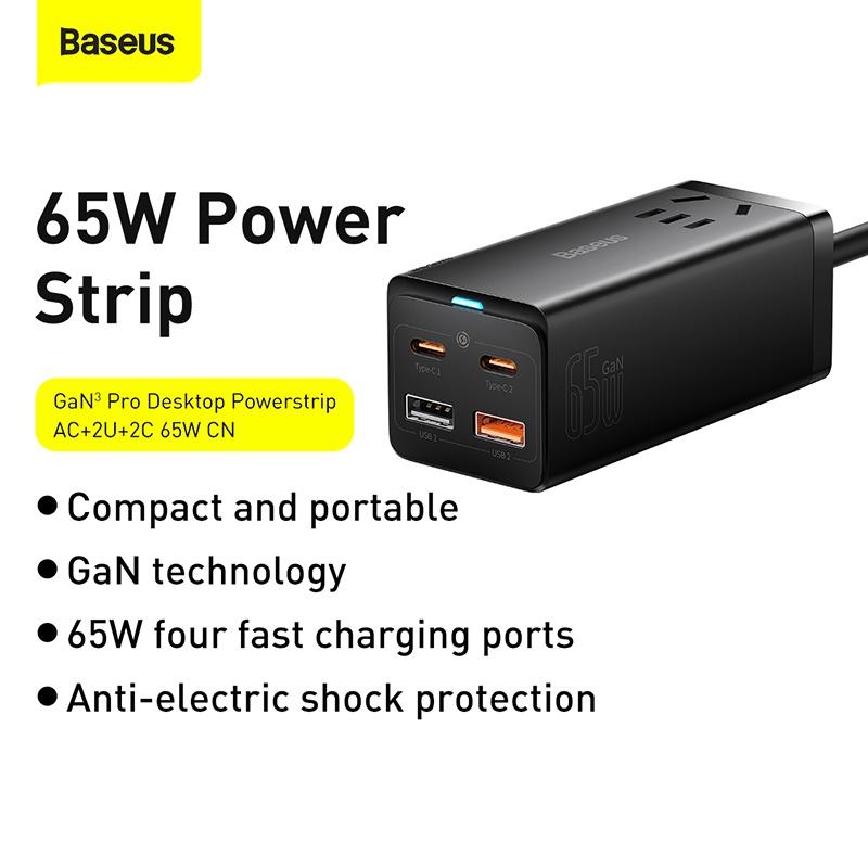 Bộ sạc nhanh 65W Baseus GaN3 Pro Desktop Powerstrl.P 5 in 1 ( AC + Type Cx2 + x2 USB , 100W(20V/5A)) (Hàng chính hãng