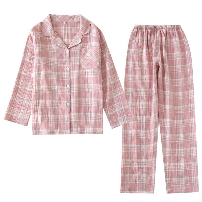 Bộ pyjama nữ dài tay mặc nhà vải xô nhật hai lớp mềm nhẹ họa tiết kẻ (C324)