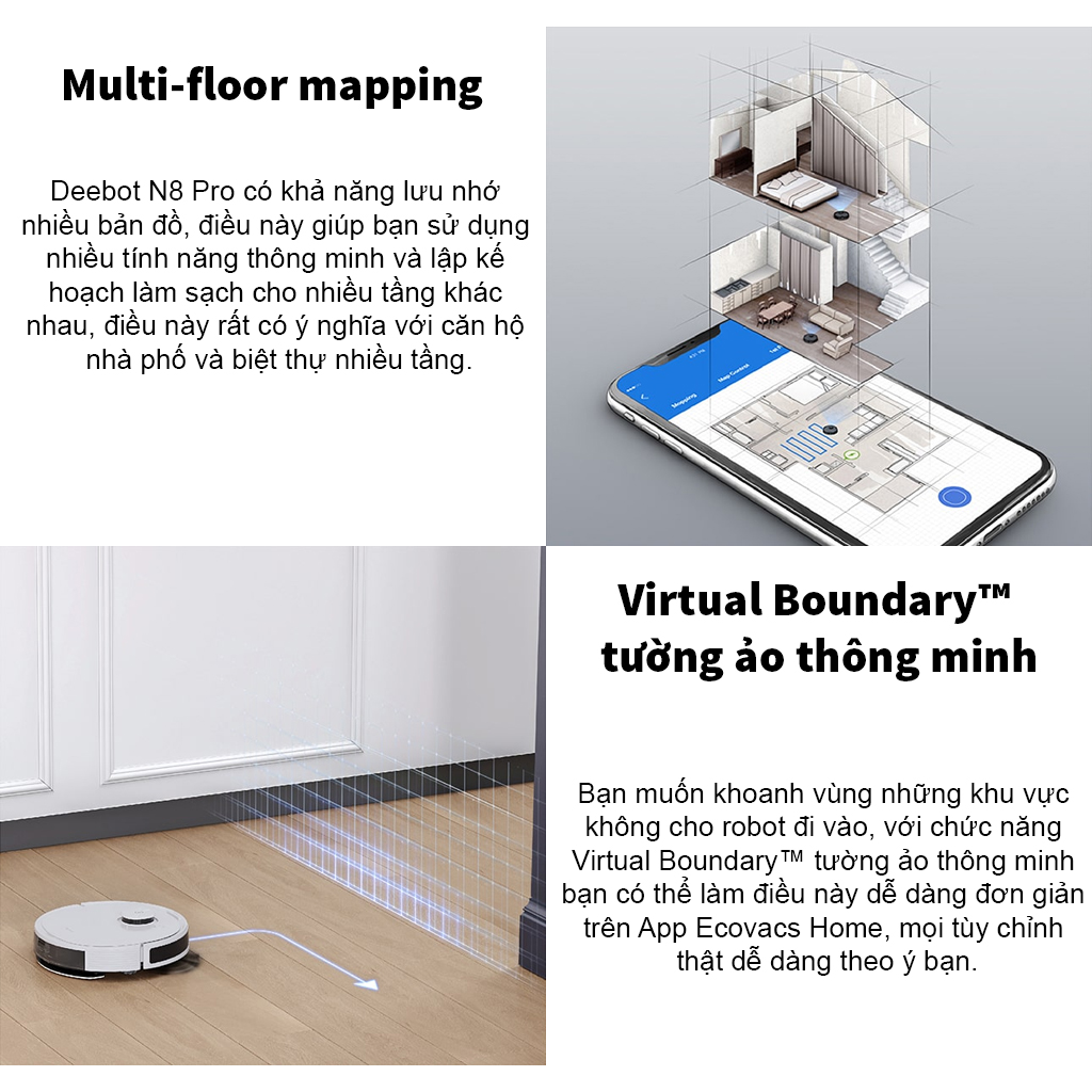 Robot Hút Bụi Ecovacs Deebot N8 Thông Minh Công Nghệ Quét Laser Thiết Lập Bản Đồ TrueMapping , Lực Hút Lớn Lên Tới 2300pa - Hàng Chính Hãng