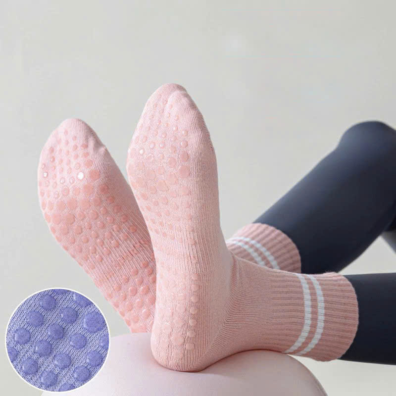 Tất / Vớ Chân Cao Cổ Nữ 15,9K Freesize Tập Yoga Pilates Len Co Giãn Đính Hạt Silicon Chống Trơn Trượt (Cao Cổ Kẻ Sọc)