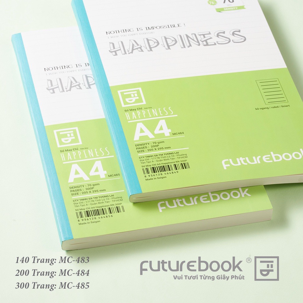 Sổ May Chỉ Dán Gáy Happiness A4- Kẻ Ngang- 70GSM- Phong cách Nhật Bản. VPP FUTUREBOOK. Giao mẫu ngẫu nhiên