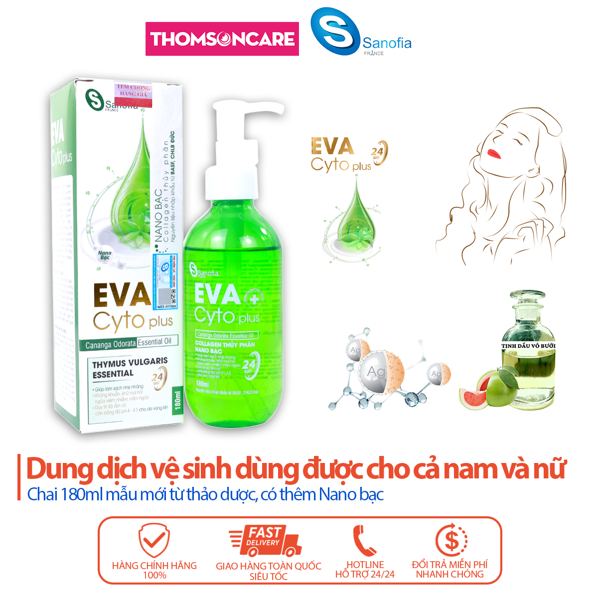 Dung dịch vệ sinh phụ nữ Eva Cyto Plus - giúp vệ sinh, làm sạch nhẹ nhàng, khử mùi, cân bằng pH từ thảo dược- Chai 180ml Thomsoncare