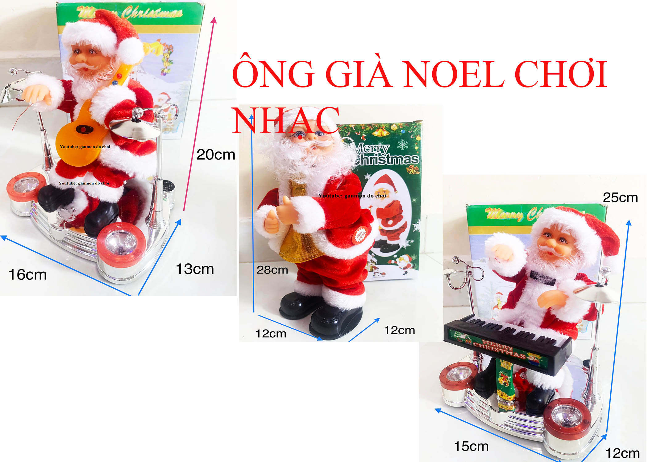 Đồ chơi ông già noel đứng thổi kèn, ngồi thổi kèn, đánh piano, đánh trống nhạc có đèn nhạc giáng sinh