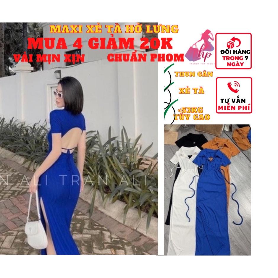 Váy đầm maxi dài nữ ôm bodycổ polo xẻ tà hở lưng đan dây tay tay ngắn thời trang dự tiệc sexy phong cách hàn-VD08