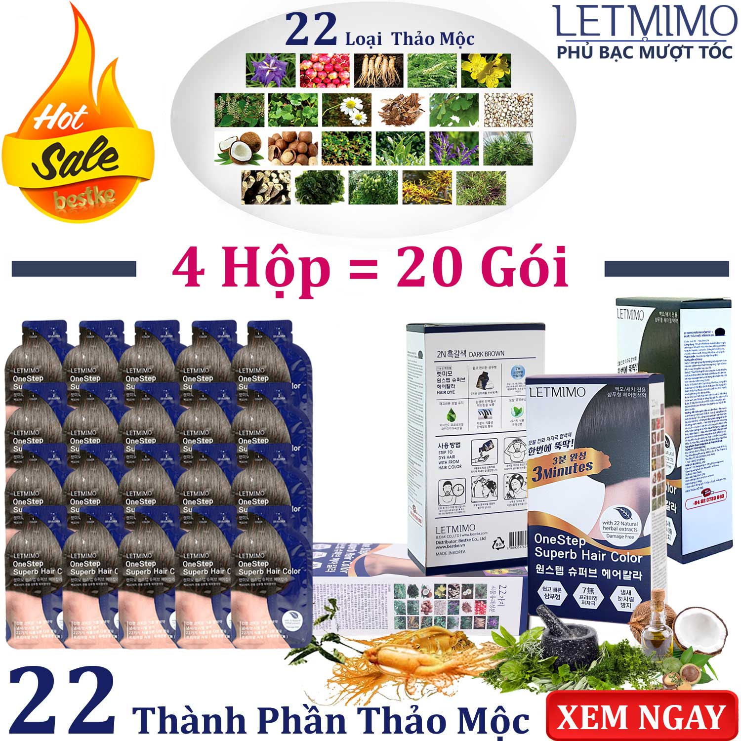 Combo 4 hộp = 20 gói màu phủ bạc nâu đen 2N LETMIMO 22 loại thảo mộc