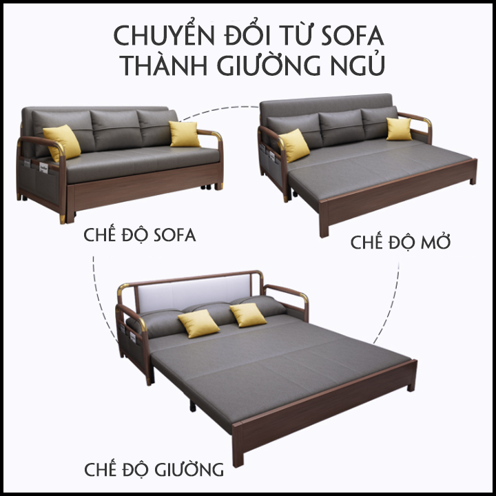 Giường Sofa Gấp Gọn Kiêm Ghế Sofa KT 1m3 x 1m90, Giường Ngủ Sofa Cao Cấp Có Hộc Chứa Đồ. Toàn Bộ Khung Thép Chịu Lực Sơn Tĩnh Điện. Tay Ốp Gỗ Sồi Bọc Đồng. Thiết Kế Thẩm Mĩ, Hiện Đại