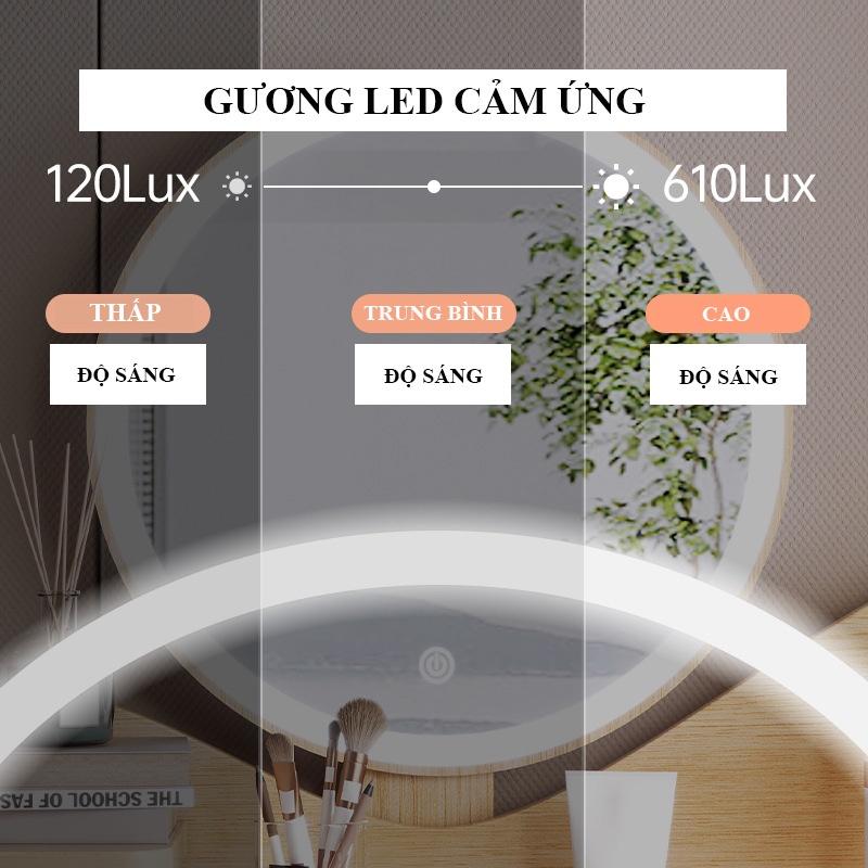 Bàn trang điểm gỗ HOLI (AK11) có Ngăn kéo rộng, Gương LED cảm ứng, Chân gỗ tự nhiên chắc chắn