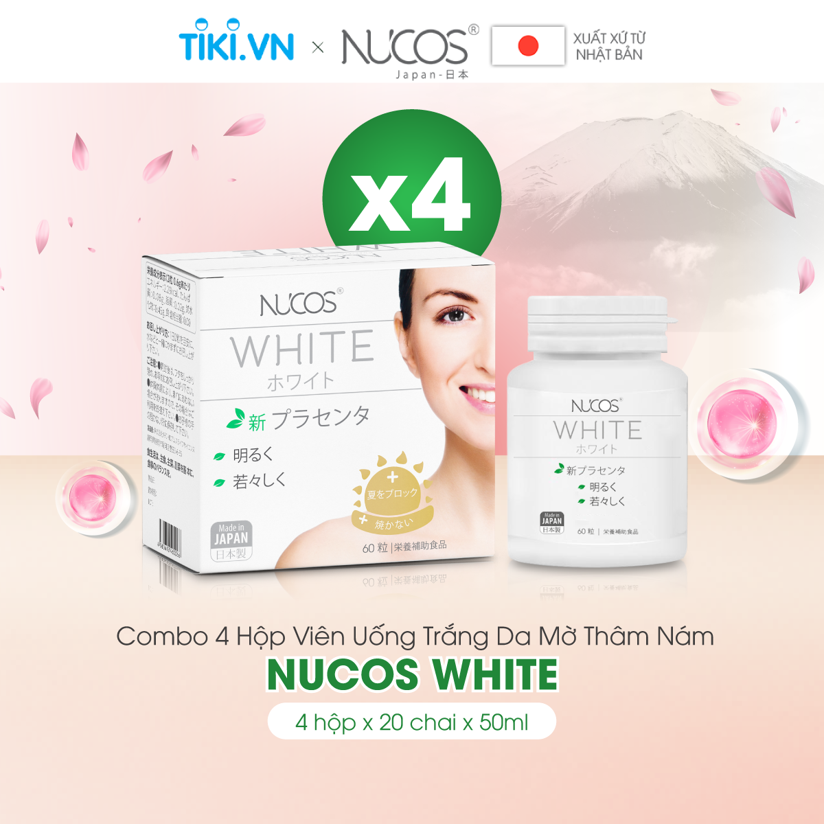 Combo 4 hộp Viên uống Nucos White trắng da mờ thâm nám 60 viên