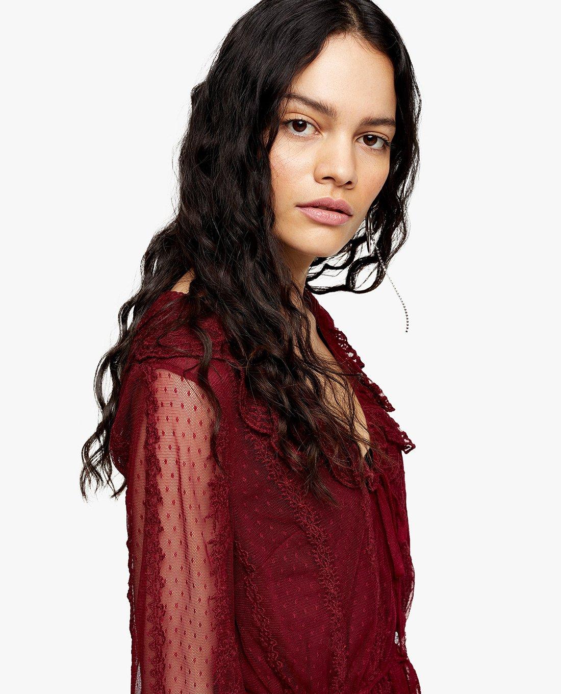 TOPSHOP - Áo kiểu nữ tay dài cổ V Burgundy Mesh Blouse 13D17RBRG