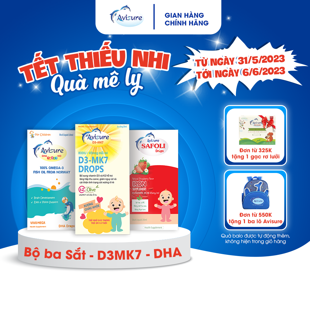 Bộ ba Avisure D3MK7, Avisure DHA smart Kid, Avisure Safoli Drop bổ sung D3, DHA, Sắt tinh khiết, tự nhiên cho bé