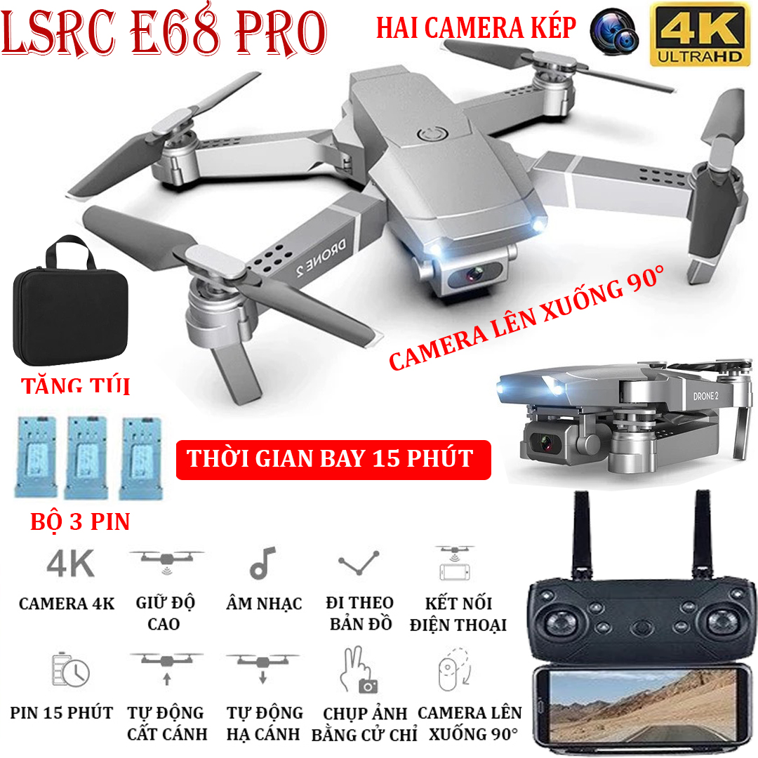 (BỘ 2 PIN + TẶNG TÚI ĐƯNG) Flycam, Flycam điều khiển Giá Rẻ, Flycam mini E68 PRO Camera 4K Hai camera kép , thời gian bay 15 phút, Động cơ mạnh mẽ camera chống rung quang học camera điều chỉnh lên xuống 90