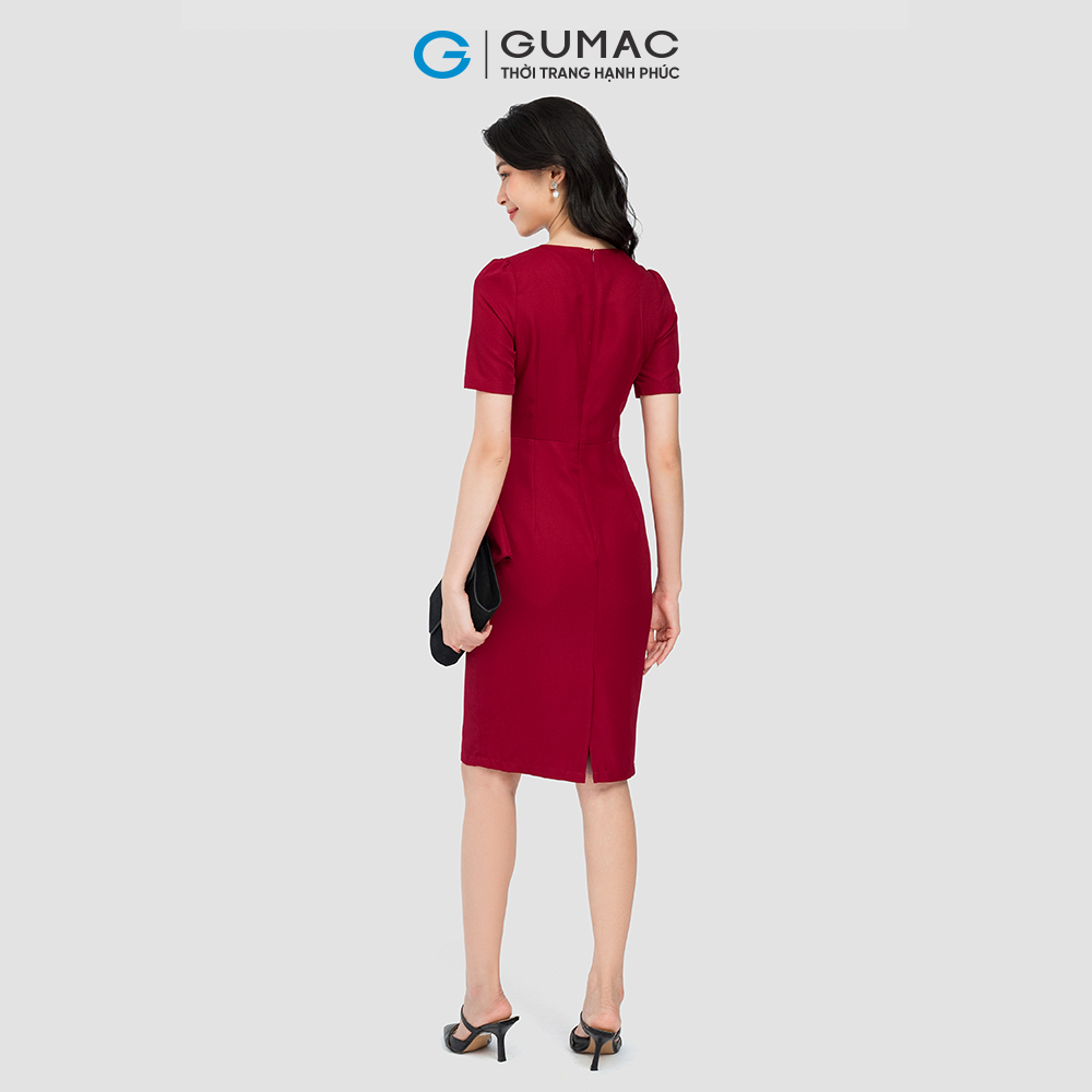Đầm phối ren cổ GUMAC LD0815 ôm body vải cotton màu đỏ nâu