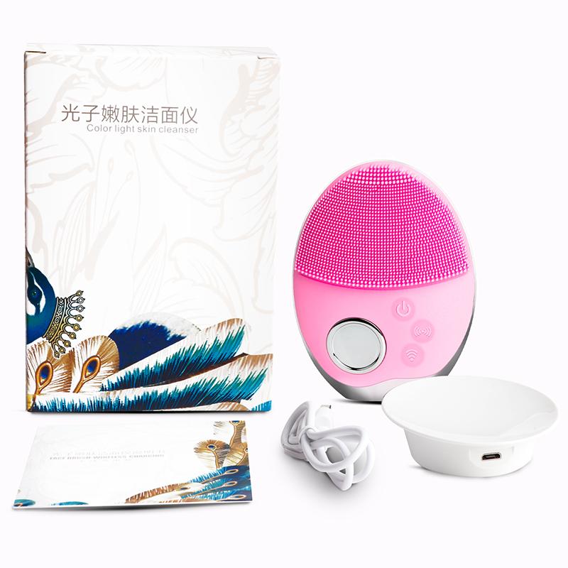 Siêu Âm Thanh 3 Màu Đèn LED Photon Đèn Điện Mặt Ceansing Bàn Chải Mini Không Dây Silicon Mặt Máy Giặt Máy Mát Xa