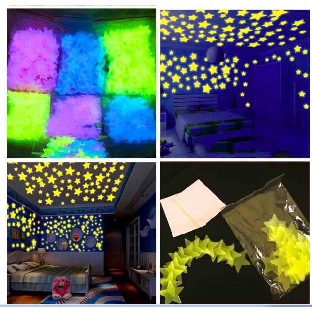 Ngôi sao dạ quang Gói 100 cái ngôi sao phát sáng dán tường trang trí phòng ngủ
