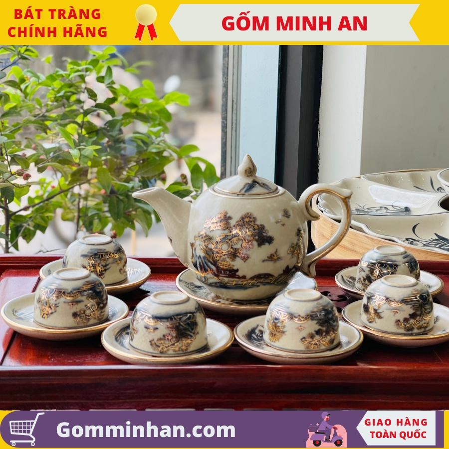 Bộ Ấm Trà Gốm Sứ Giả Cổ Vẽ Vàng Dáng Chóp Lửa Gốm Sứ Bát Tràng- Gốm Minh An- Bộ Ấm Trà Đẹp Sang