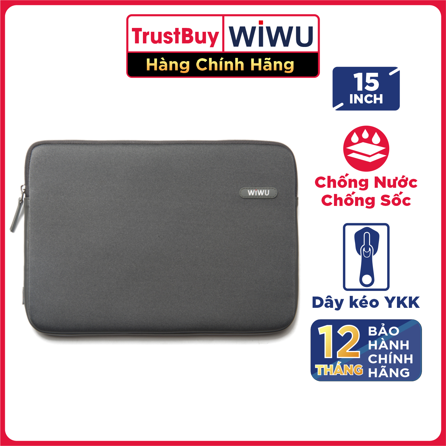 Túi Chống Sốc Cho Laptop, Macbook 15 inch Khóa YKK, Kháng Nước WIWU CLASSIC - Hàng Chính Hãng