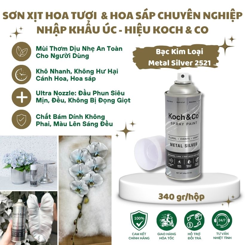 Sơn Xịt Lá Màu Bạc Silver của Úc là Sơn Xịt Hoa &amp; Lá Cây Chuyên Dụng Hiệu Koch &amp; Co, Australia, mùi thơm dịu nhẹ