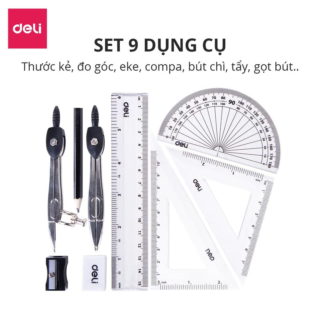 Bộ 9 dụng cụ đo lường Học sinh Deli - Compa, Eke, Thước kẻ, Bút chì, Thước đo góc, Gọt chì, Tẩy - Kèm Hộp Sắt Tiện Dụng