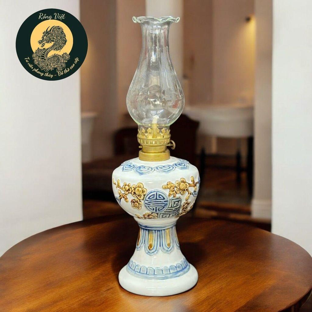 Đèn Dầu Gốm Bát Tràng Men Xanh Rồng Việt - Cao 26cm & 28cm, Đắp Nổi Đào Thọ Cao Cấp(cả bóng đèn)