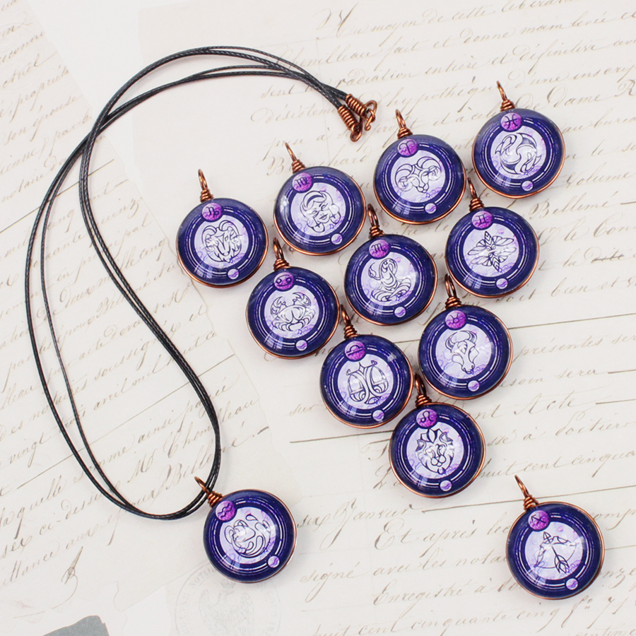 Dây chuyền 12 cung hoàng đạo Zodiac tông tím phong cách vintage đẹp 06647-DC20M0016