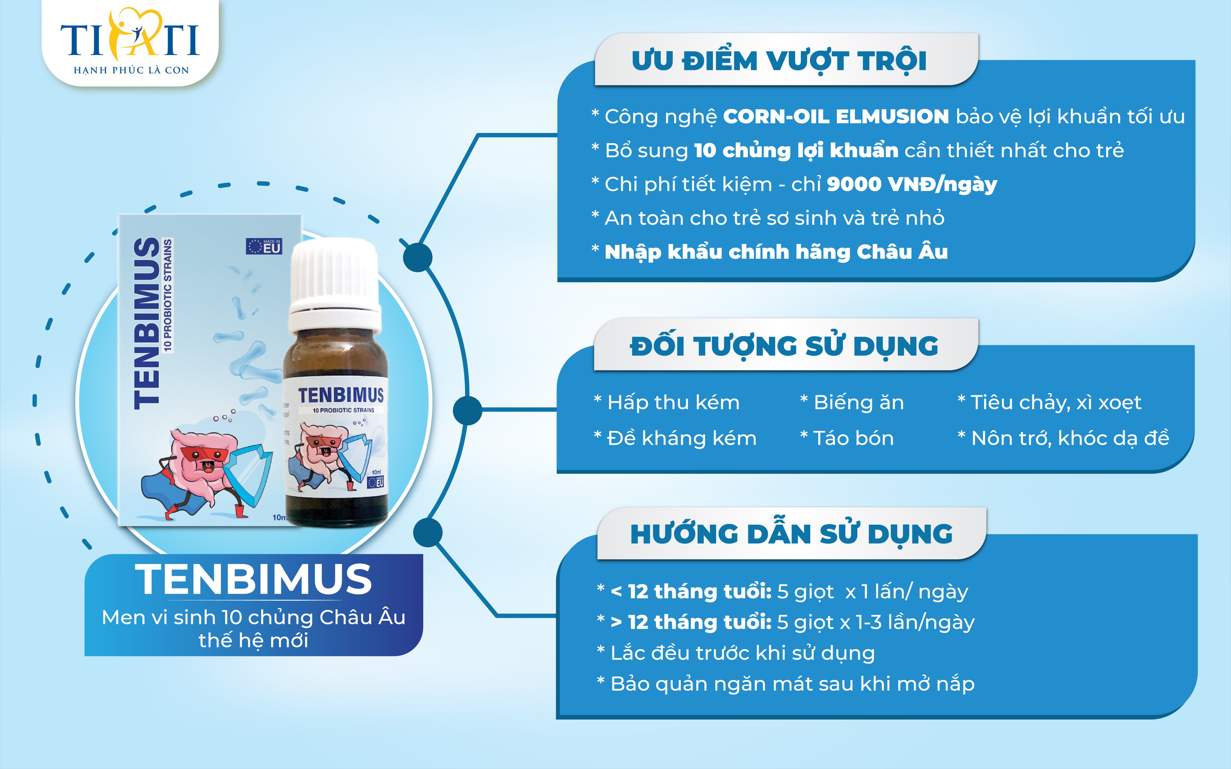 Men vi sinh TENBIMUS 10 chủng Châu Âu bổ sung lợi khuẩn, phòng ngừa rối loạn tiêu hóa, tăng cường miễn dịch cho trẻ nhỏ