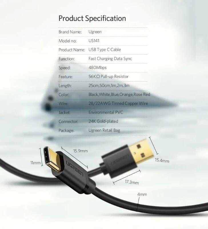 Ugreen UG30159US141TK 1M màu đen Dây USB 2.0 sang Type-C truyền dữ liệu và sạc - HÀNG CHÍNH HÃNG